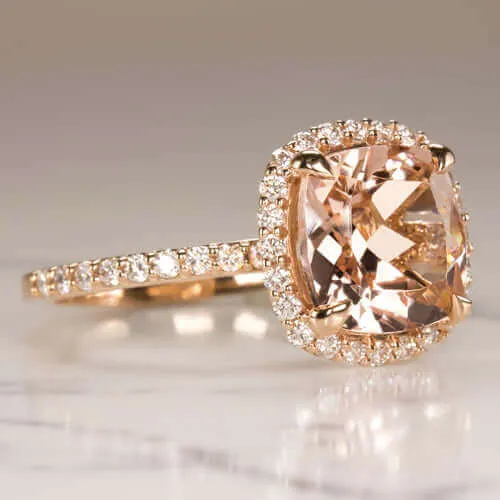 2.6ct PEACH MORGANITE .53ct DIAMOND CUSHION HALO ENGAGEMENT RING ROSE GOLD PAVE