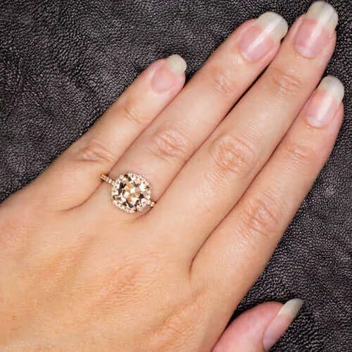 2.6ct PEACH MORGANITE .53ct DIAMOND CUSHION HALO ENGAGEMENT RING ROSE GOLD PAVE