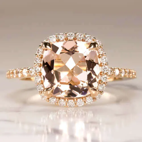 2.6ct PEACH MORGANITE .53ct DIAMOND CUSHION HALO ENGAGEMENT RING ROSE GOLD PAVE