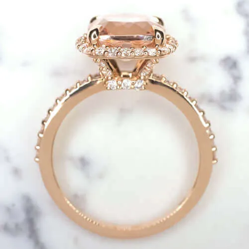 2.6ct PEACH MORGANITE .53ct DIAMOND CUSHION HALO ENGAGEMENT RING ROSE GOLD PAVE