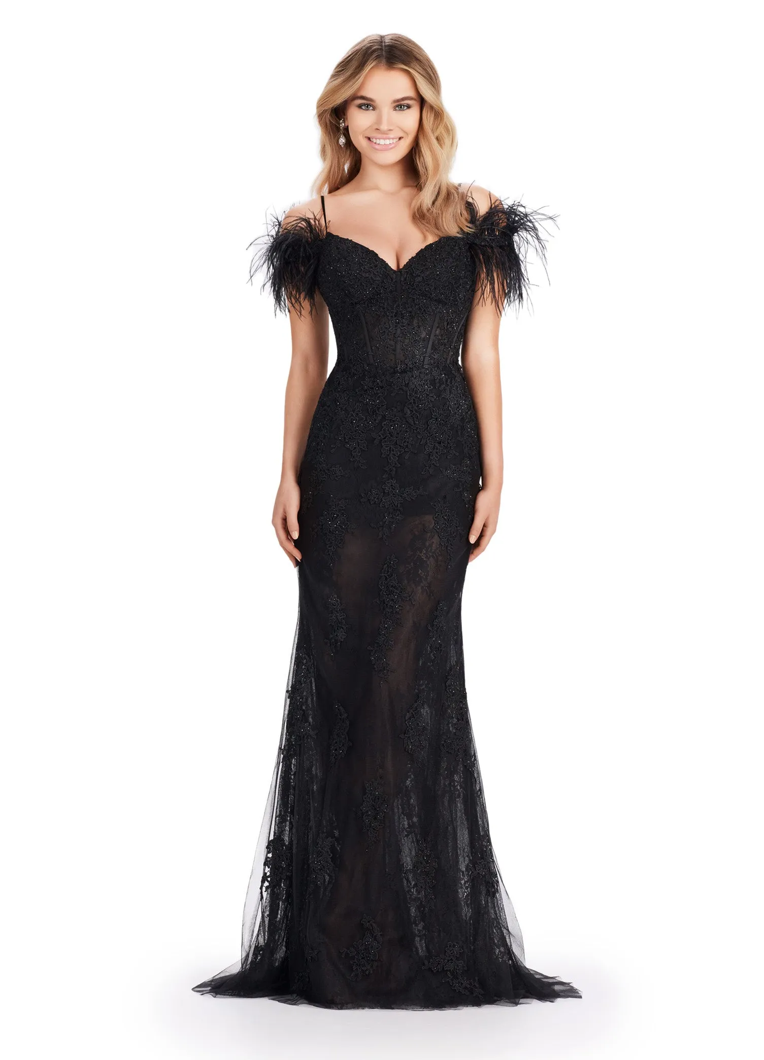 Ashley Lauren 11481 Long Prom Dress Fitted Corset Embroidered Gown Off Shoulder Feather Sleeves Formal Pageant Gown