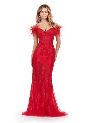 Ashley Lauren 11481 Long Prom Dress Fitted Corset Embroidered Gown Off Shoulder Feather Sleeves Formal Pageant Gown