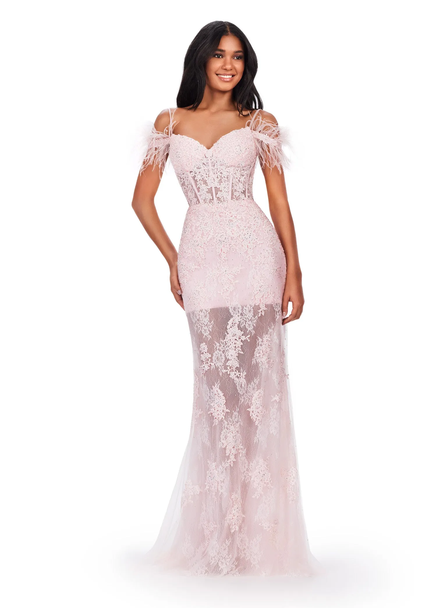 Ashley Lauren 11481 Long Prom Dress Fitted Corset Embroidered Gown Off Shoulder Feather Sleeves Formal Pageant Gown