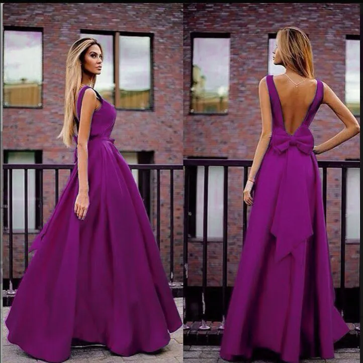 Back Strap Bowknot Backless High Waist Women Long Party Dress
