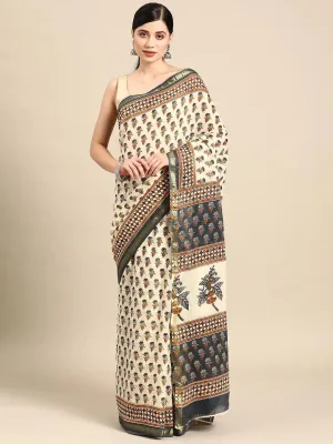 Beige Printed Cotton Saree