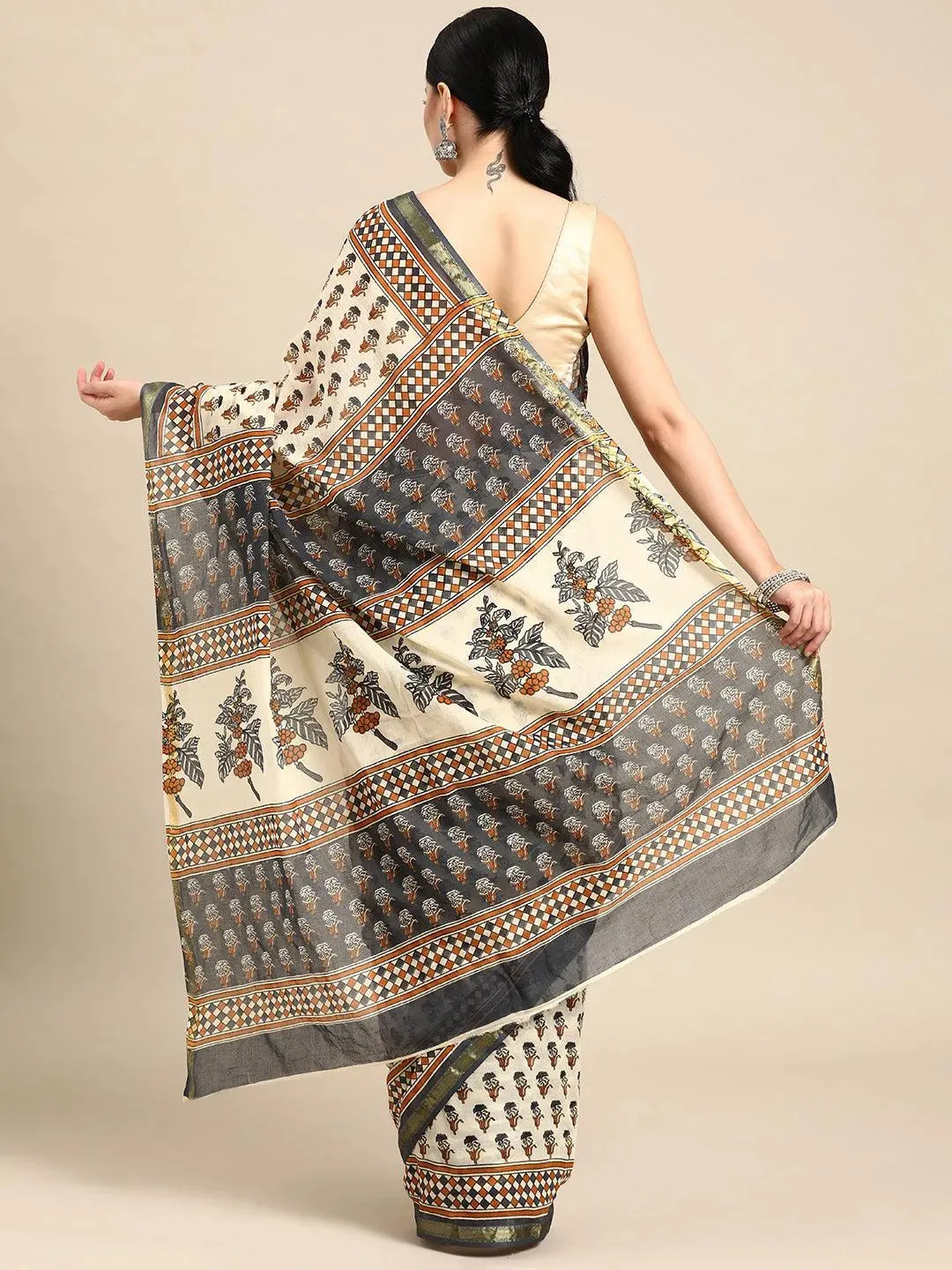 Beige Printed Cotton Saree