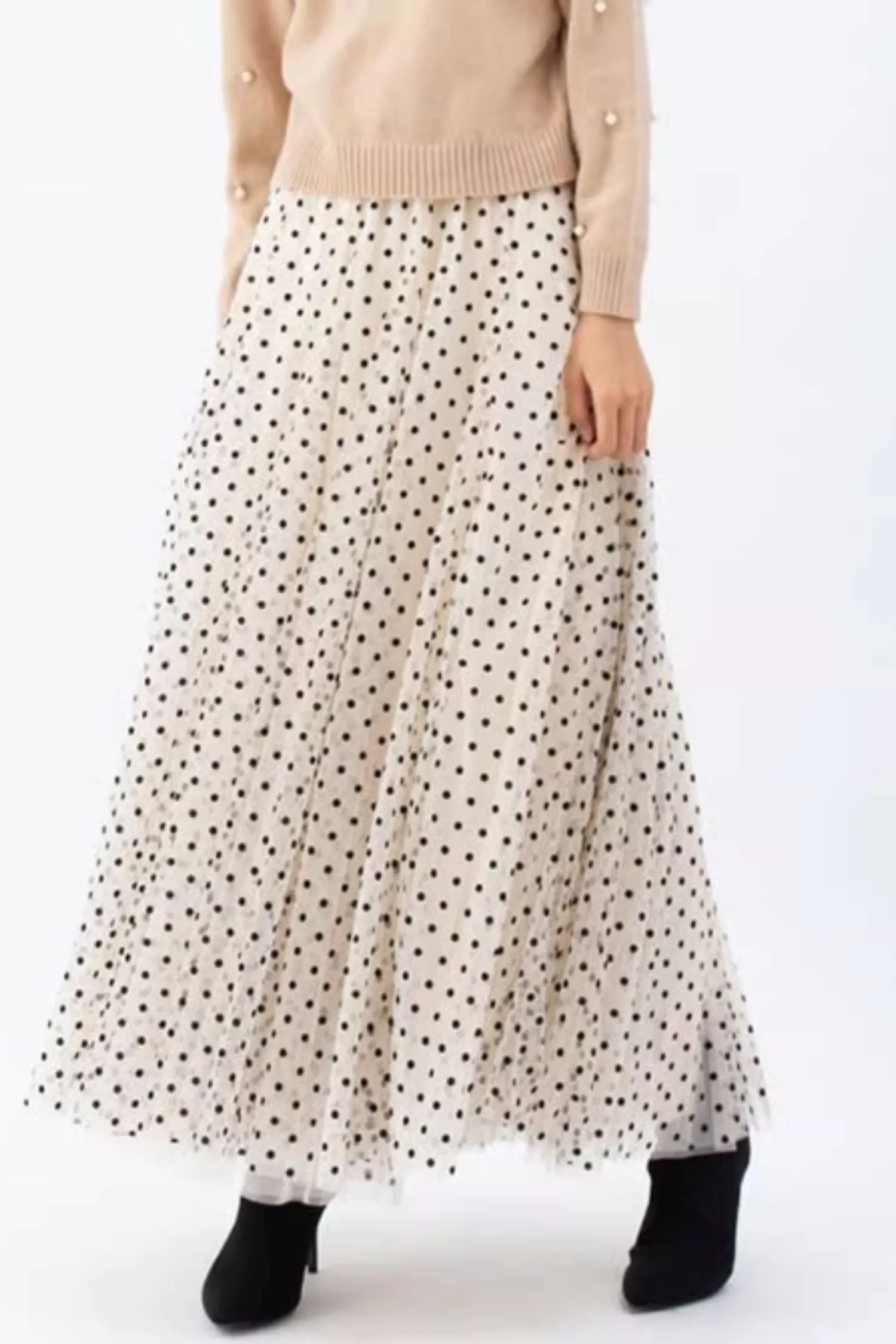 Black and white polka dot long lace skirt 5582