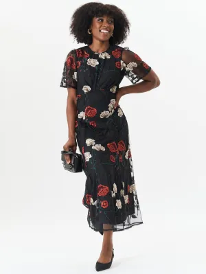 Black Angel Sleeves Embroidered Occasion Midi Dress