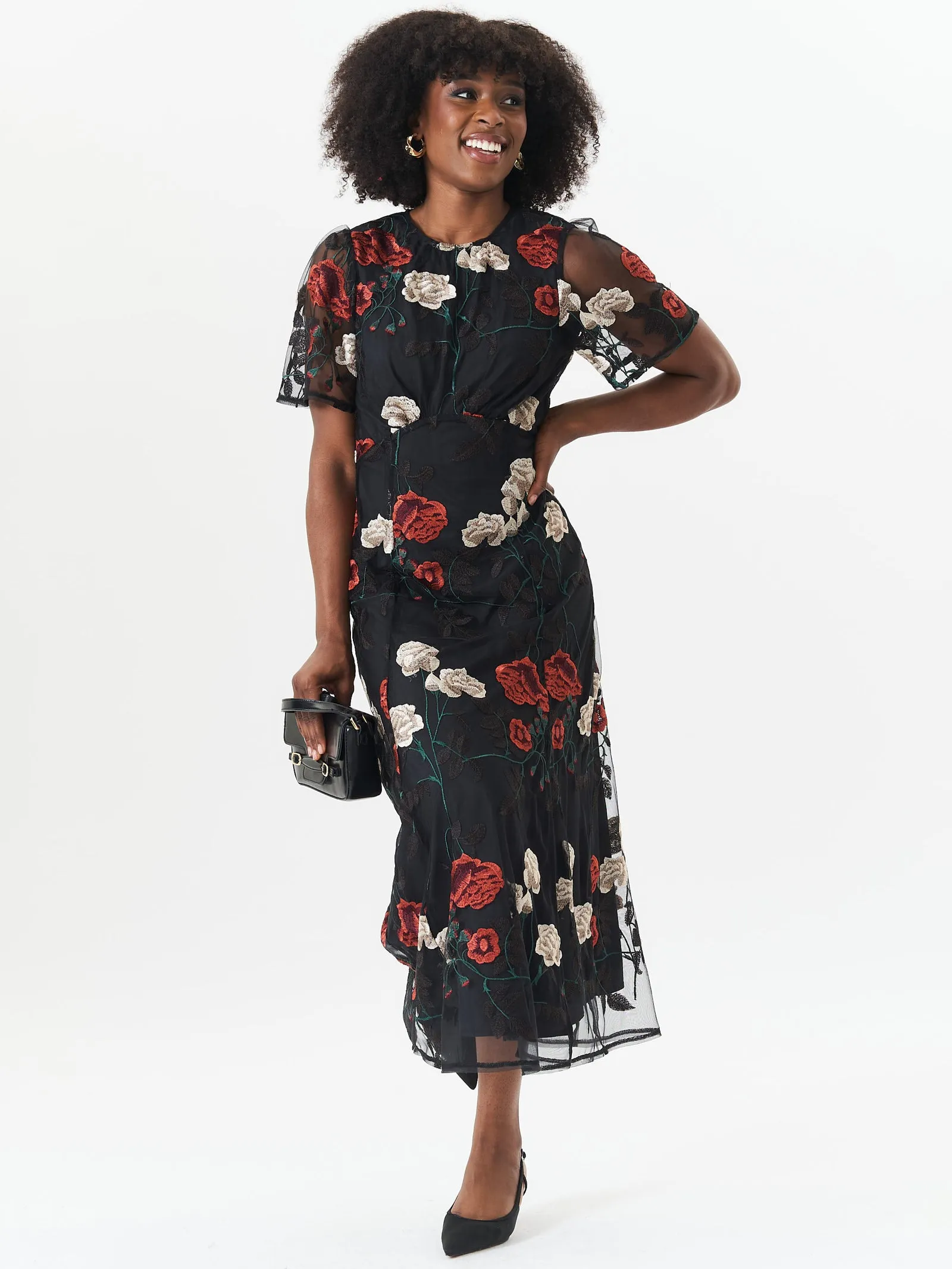 Black Angel Sleeves Embroidered Occasion Midi Dress