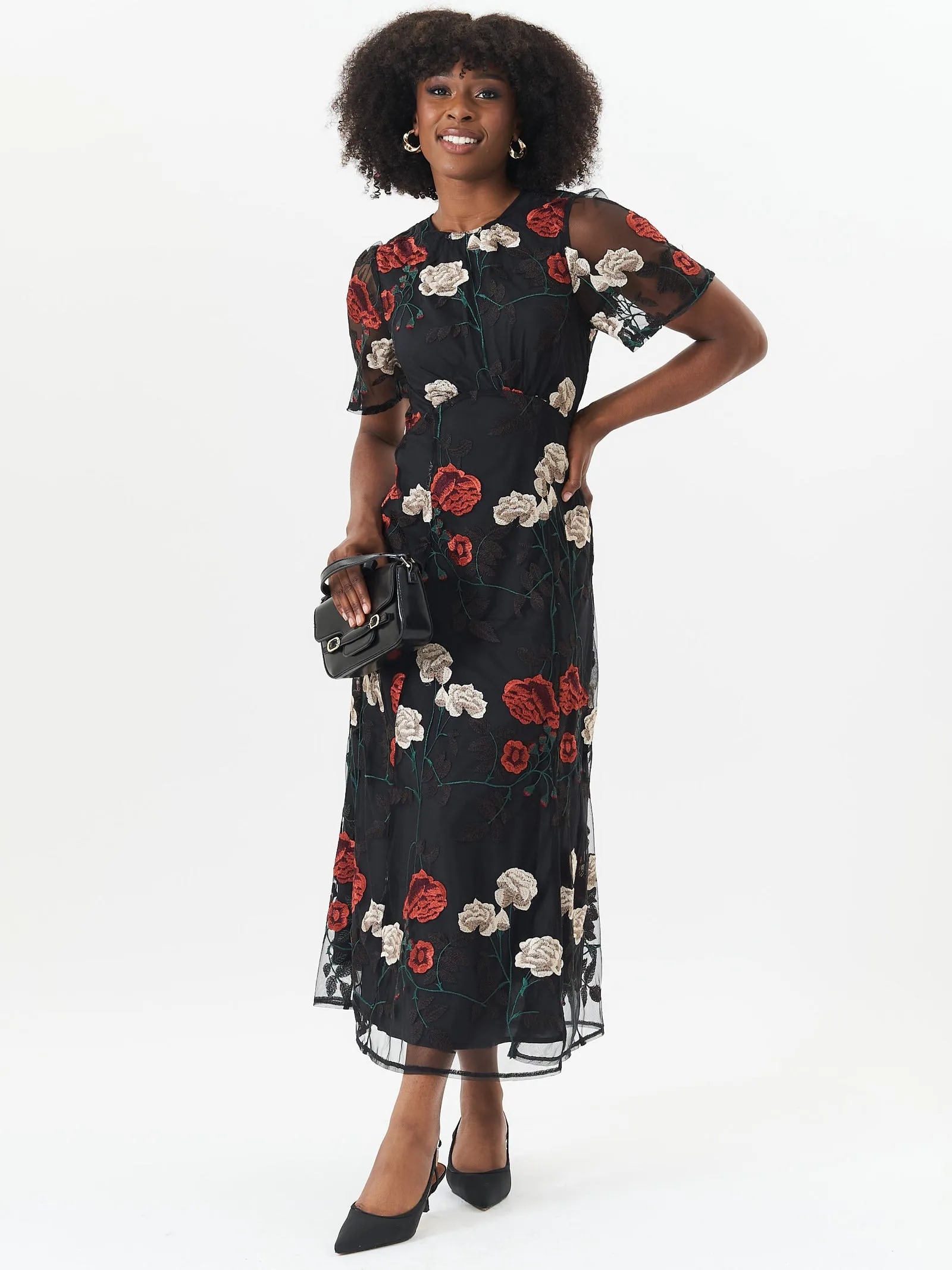 Black Angel Sleeves Embroidered Occasion Midi Dress