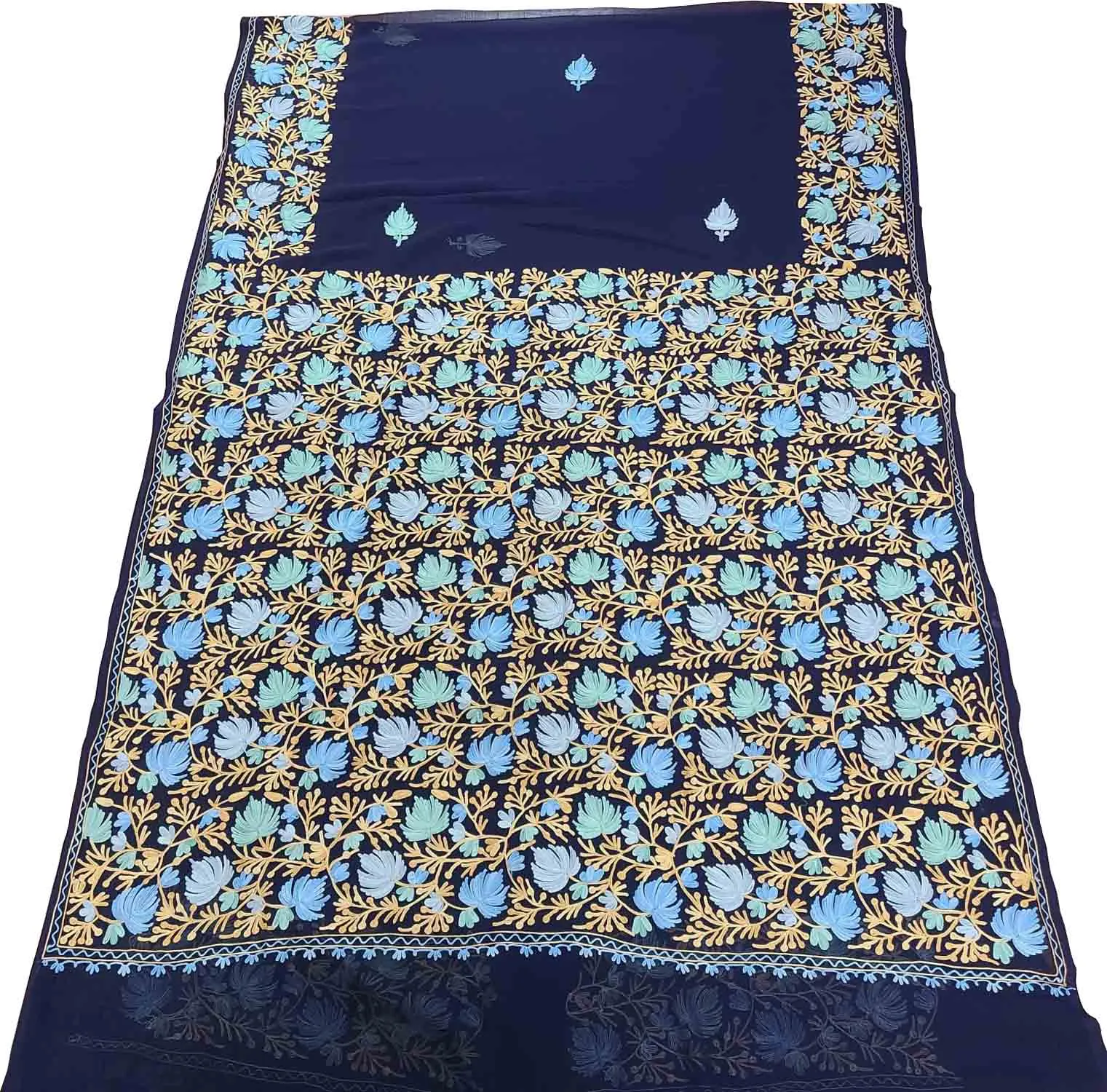 Blue Kashmiri Aari Work Georgette Saree