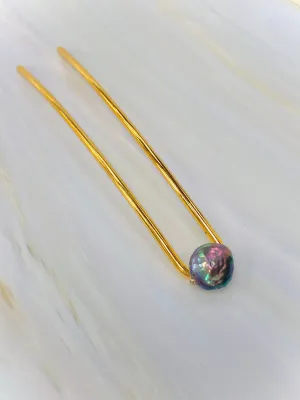 Blue Pearl Hair Pin, Wedding Blue Hair Pin Bridal Hair Pin, Gold Wedding hair stick