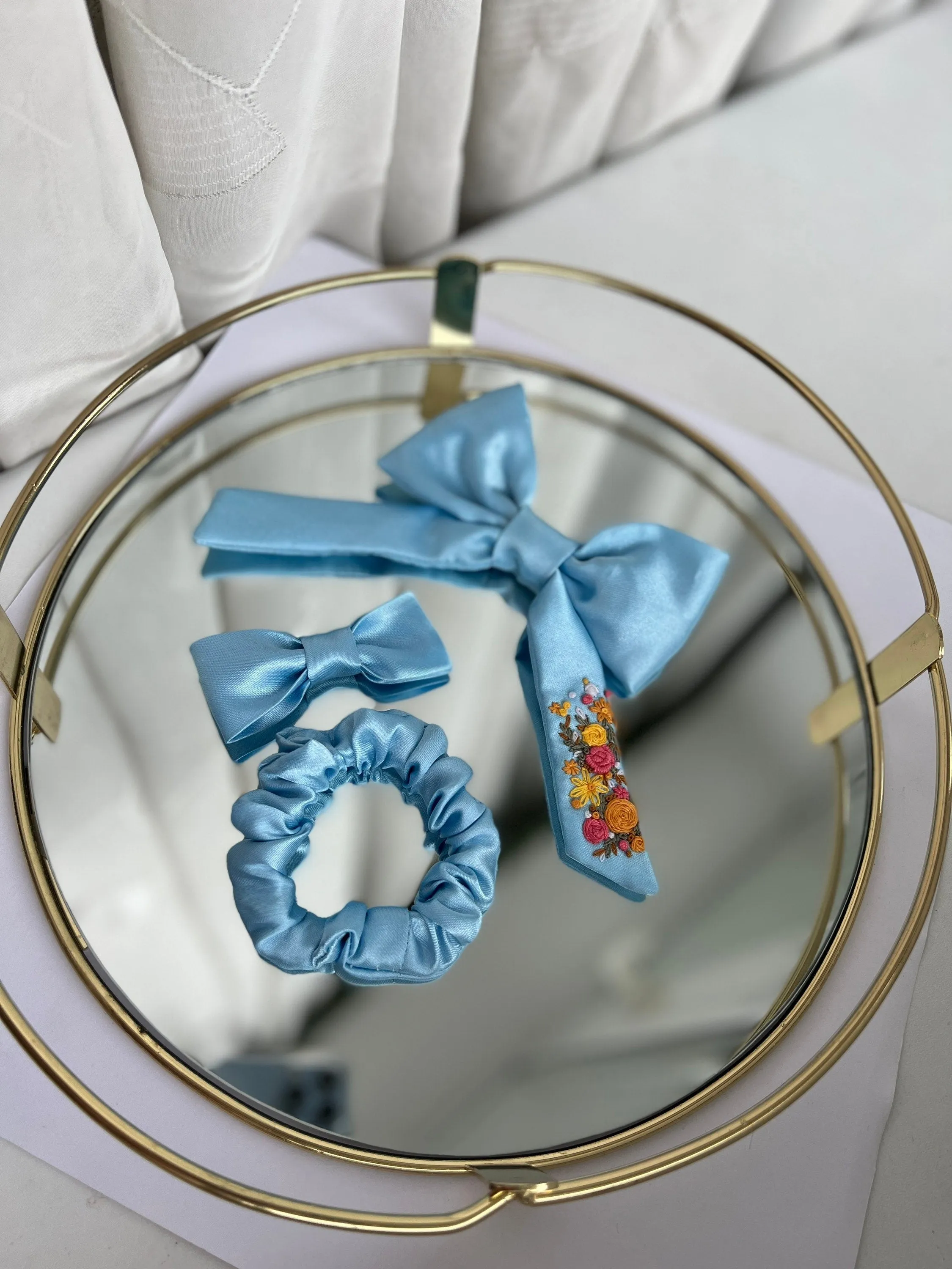 Blue Silk satin scrunchie for hair