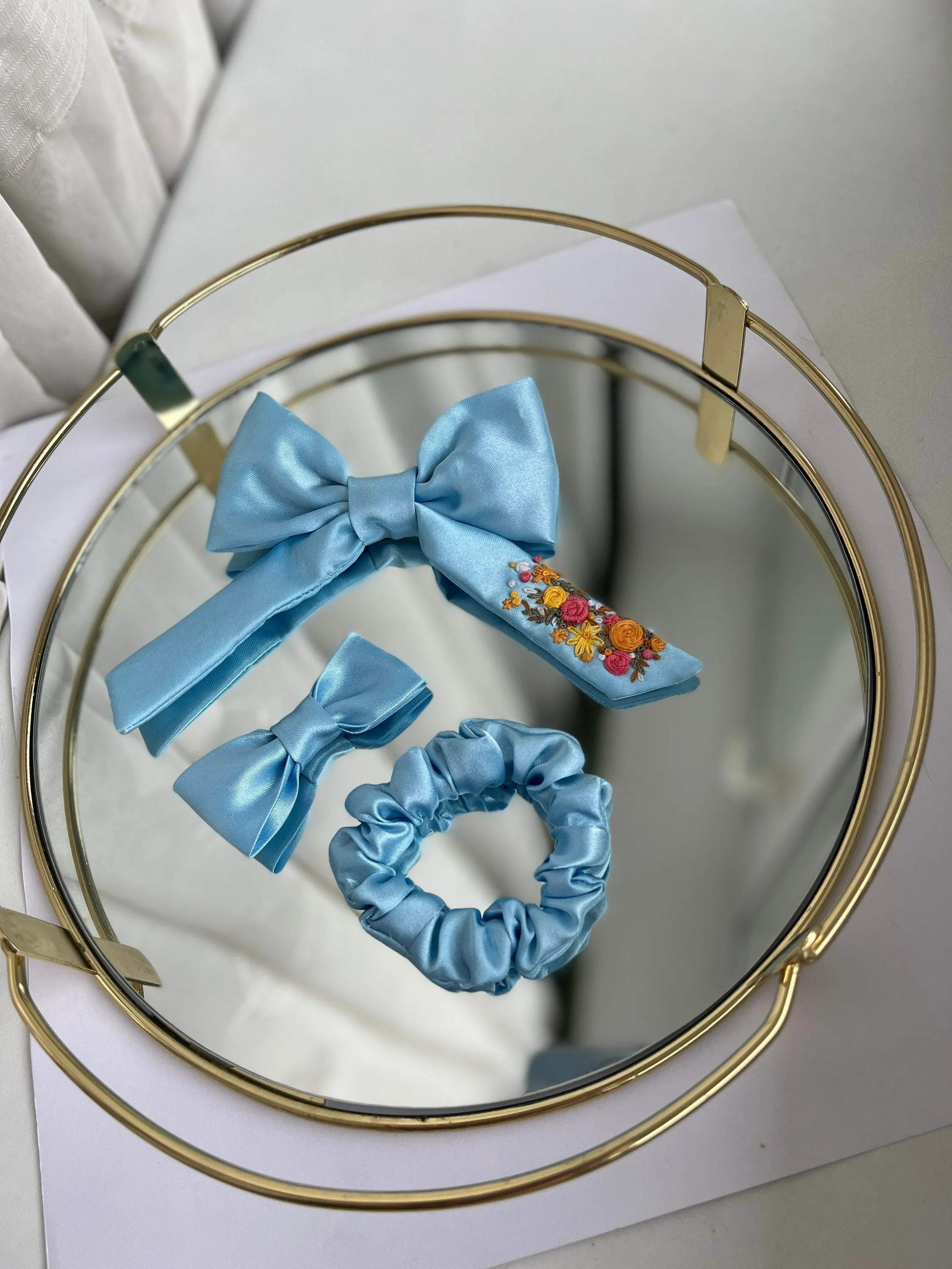 Blue Silk satin scrunchie for hair