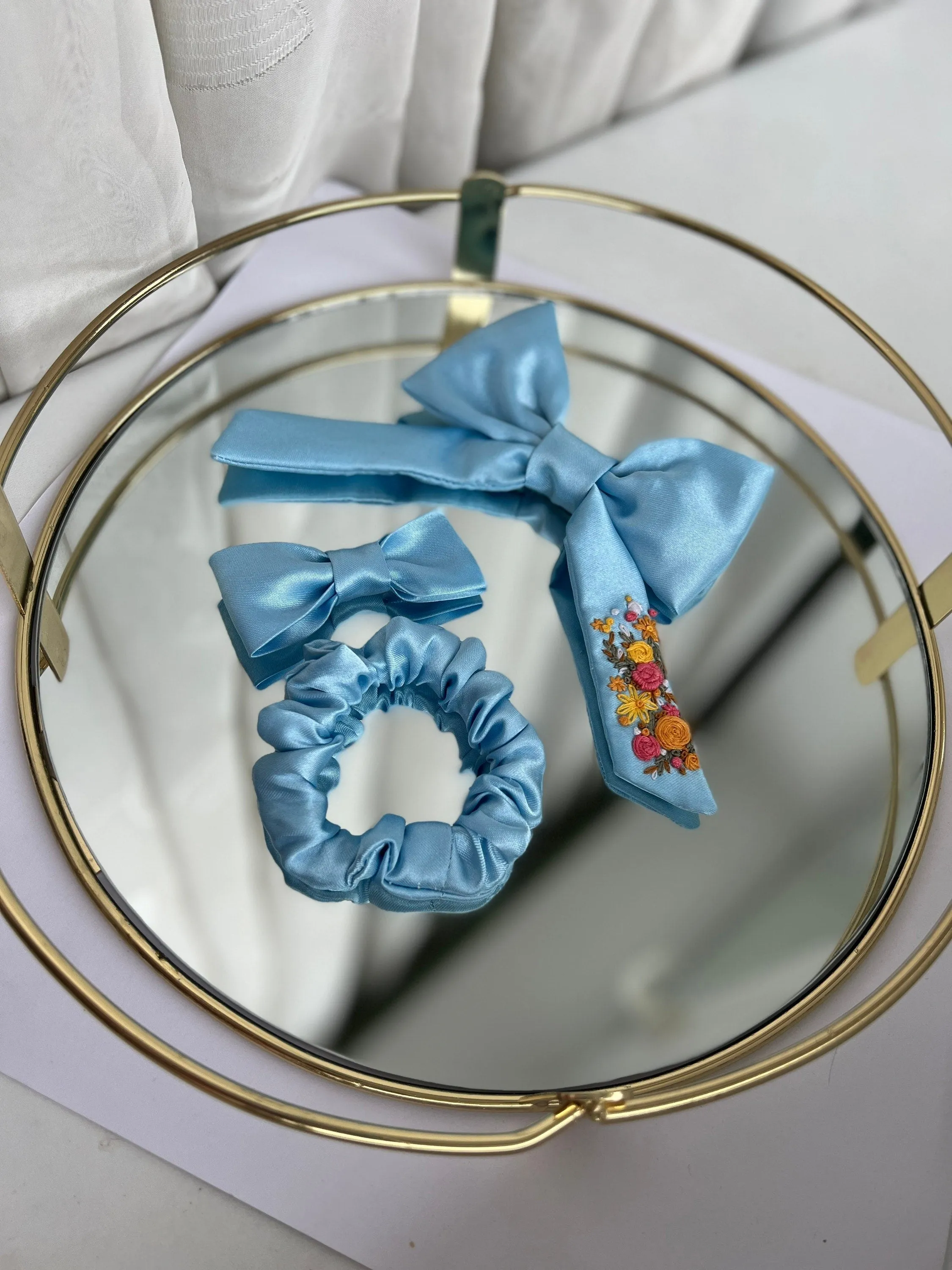 Blue Silk satin scrunchie for hair