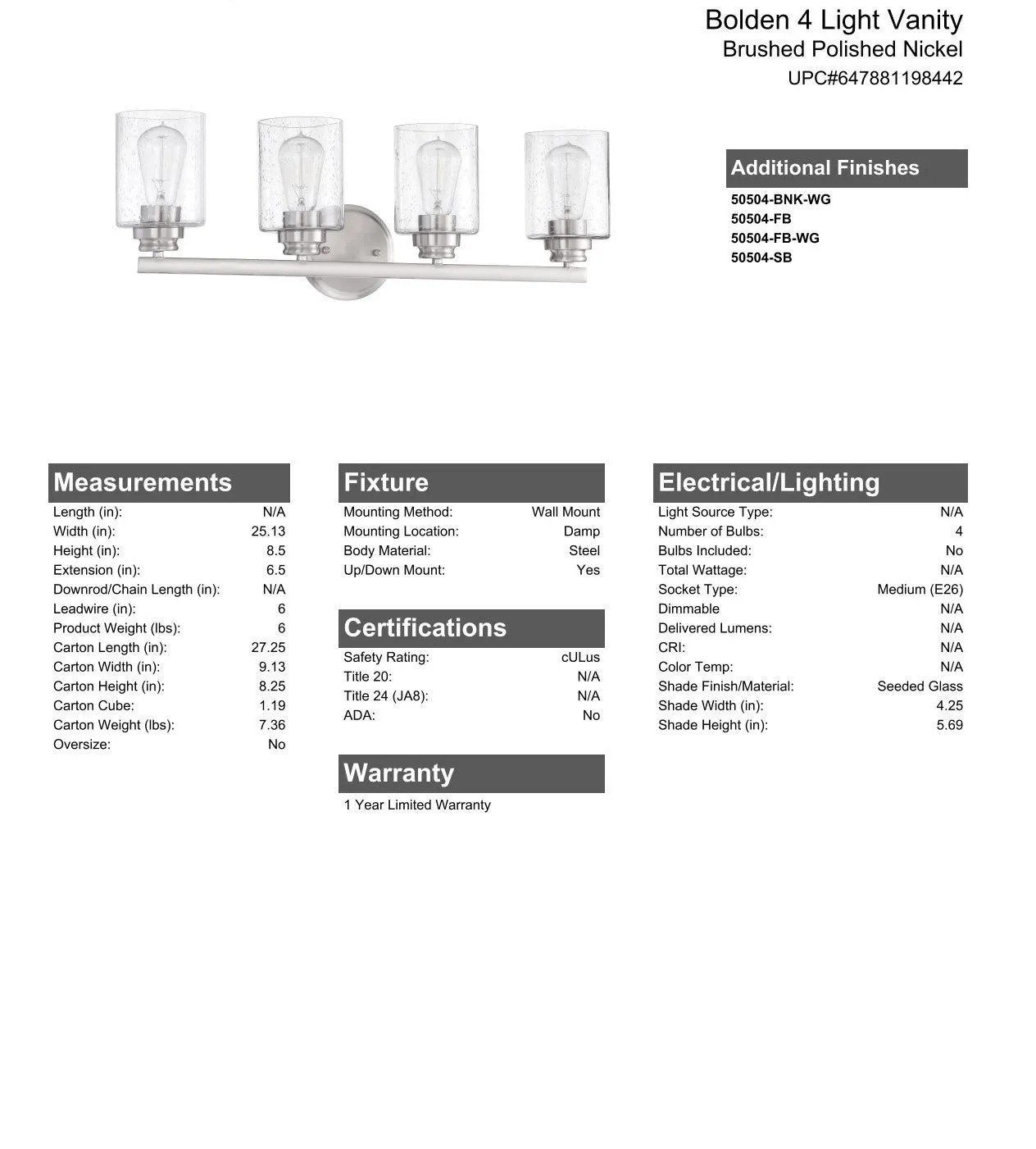 Bolden 4 Light Vanity in Brushed Polished Nickel