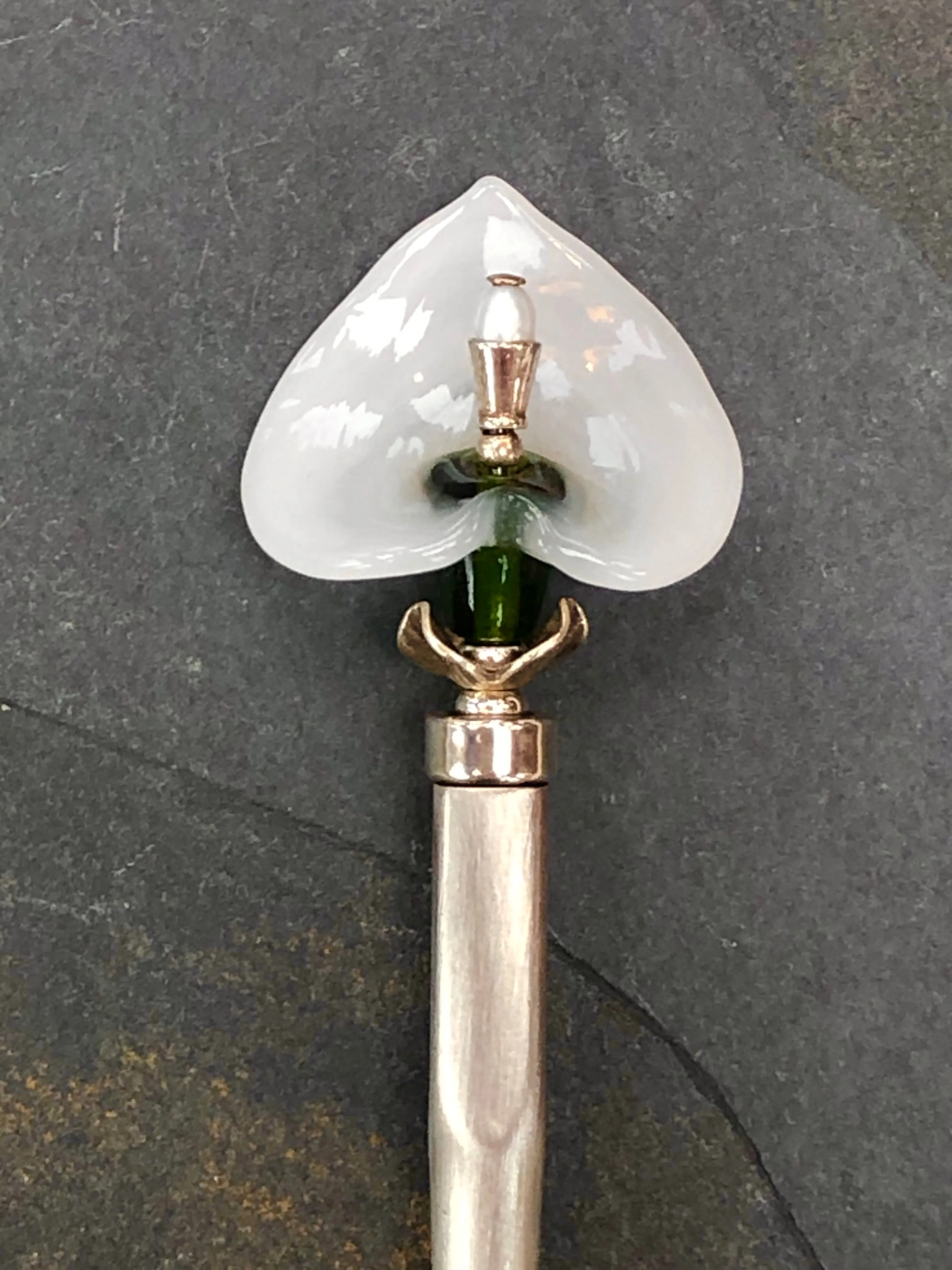 Calla Lily Art Glass Hair Stick, shawl pin, sweater pin, hair fork, hair pin