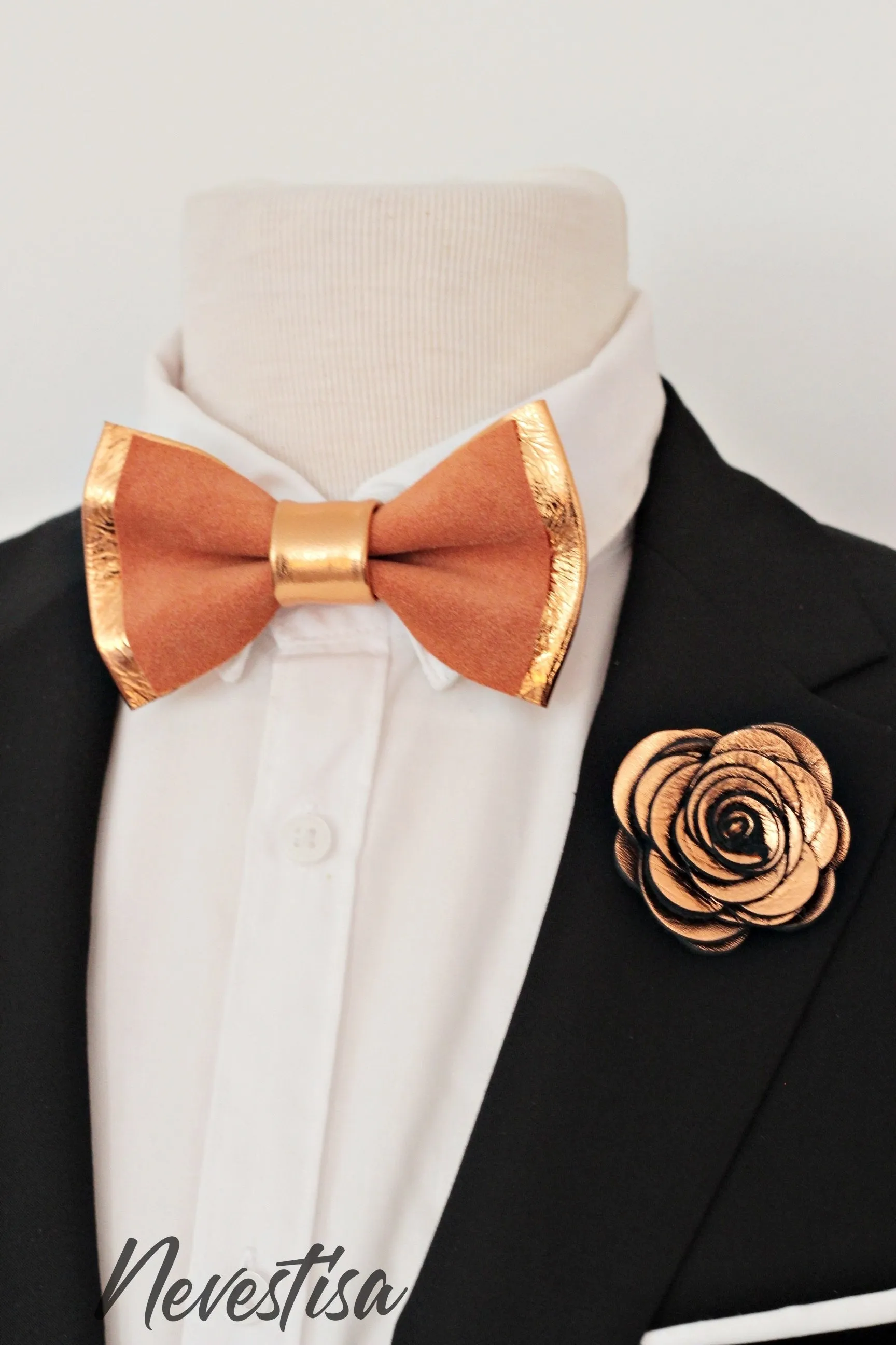 Copper rust orange mens bow tie, boutonniere set