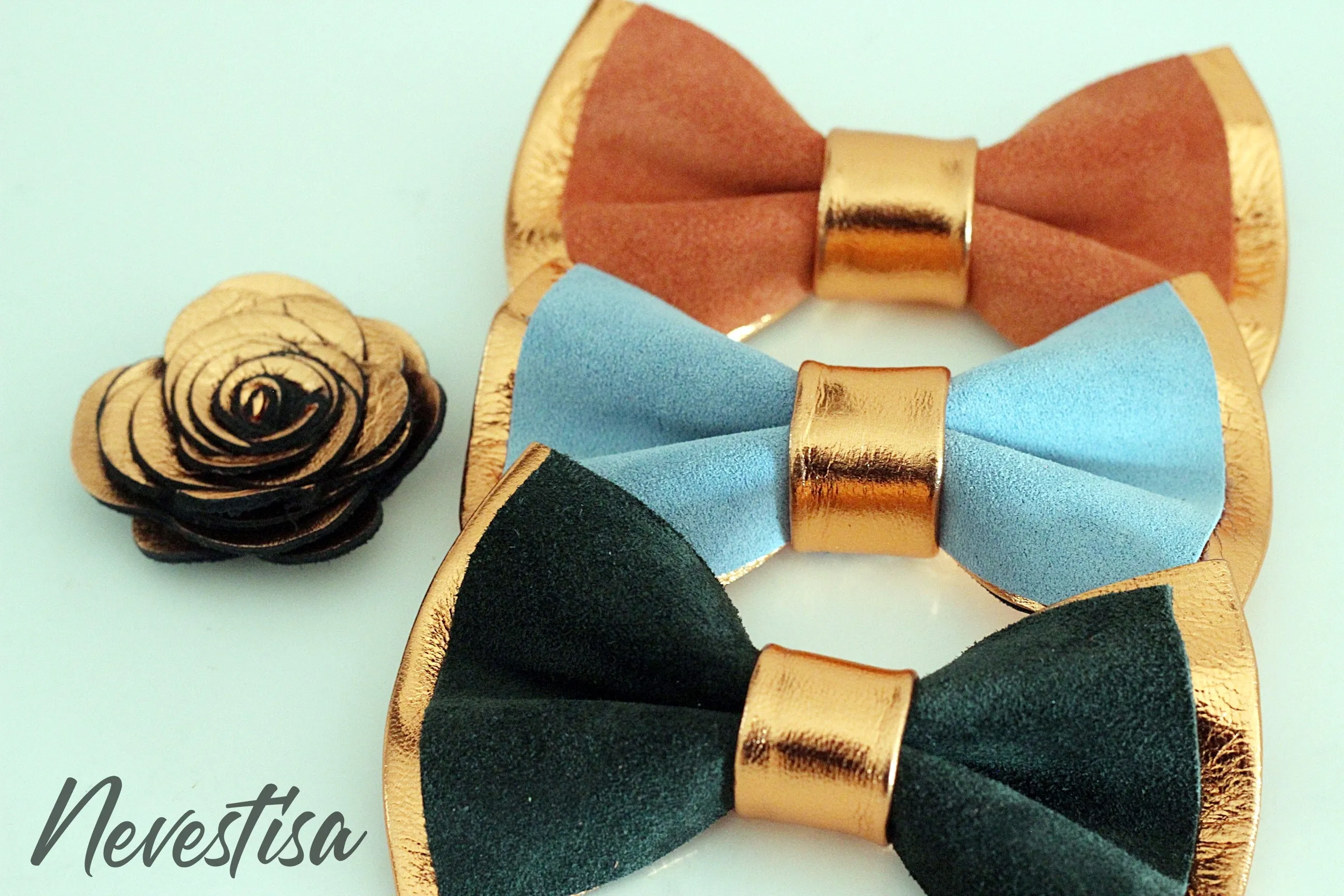 Copper rust orange mens bow tie, boutonniere set