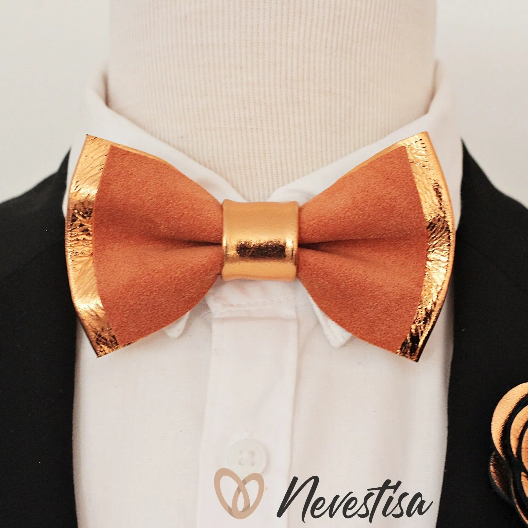 Copper rust orange mens bow tie, boutonniere set