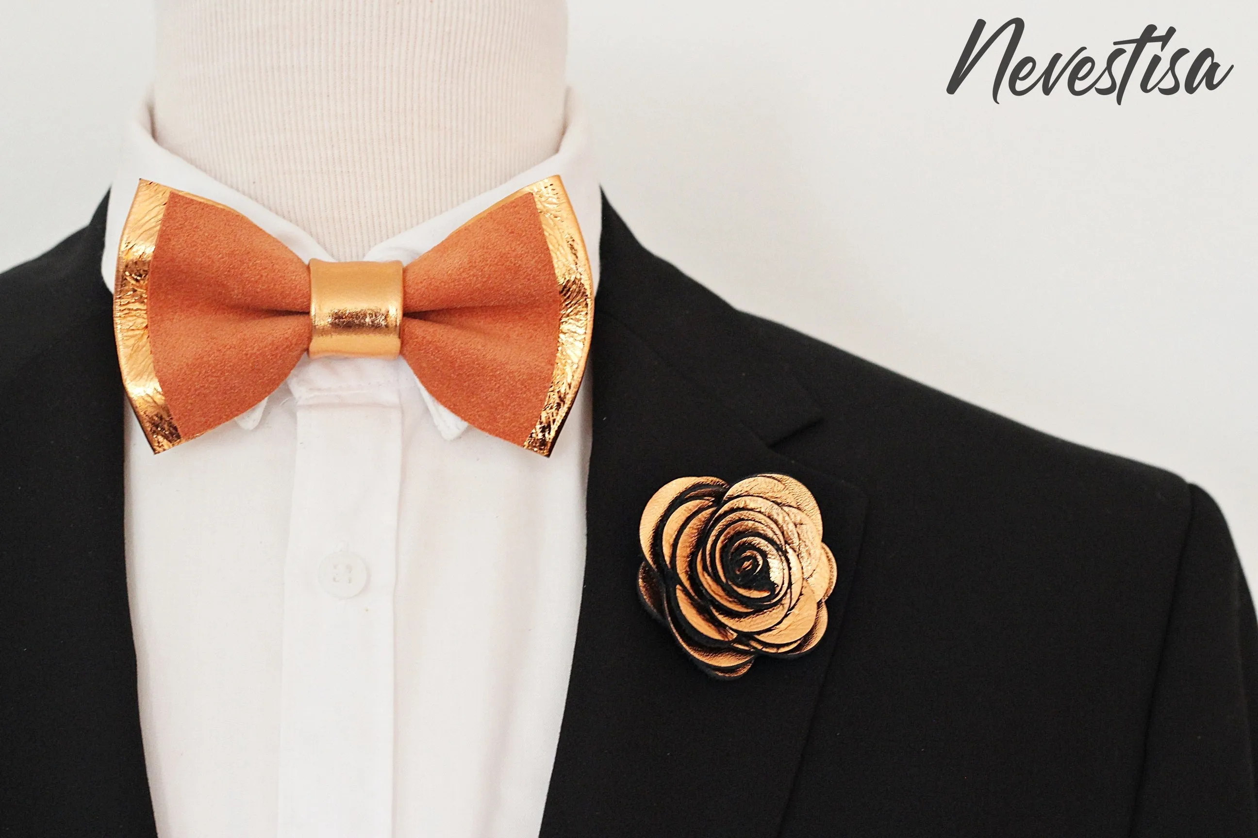 Copper rust orange mens bow tie, boutonniere set