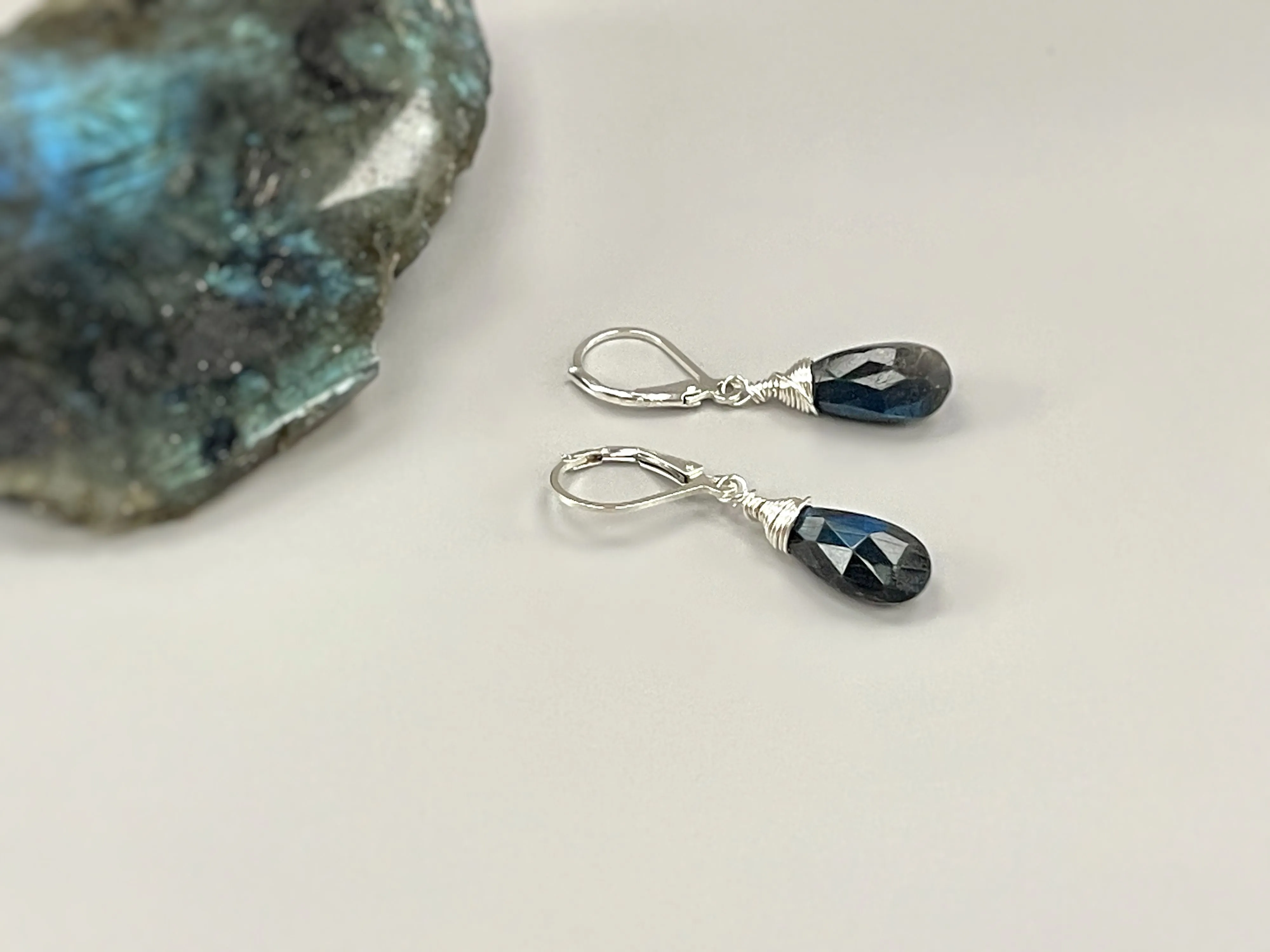 Deep and Dark Faceted Labradorite earrings, Labradorite Leverback Earrings