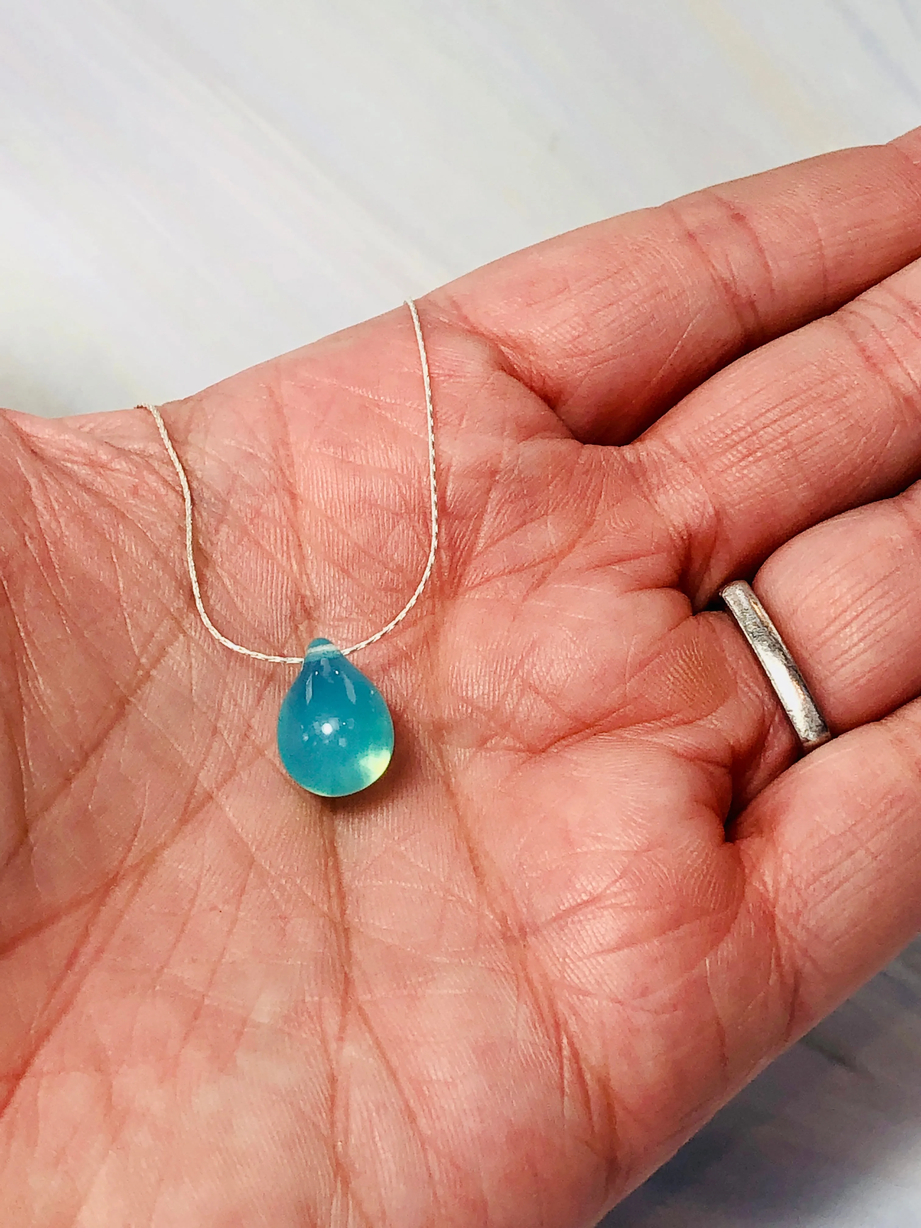 Drop of Rain Solitaire Necklace, Sterling Silver Aqua Art glass Necklace