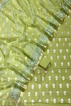 Elegant Green Banarasi Cotton Silk Suit with Embroidered Dupatta