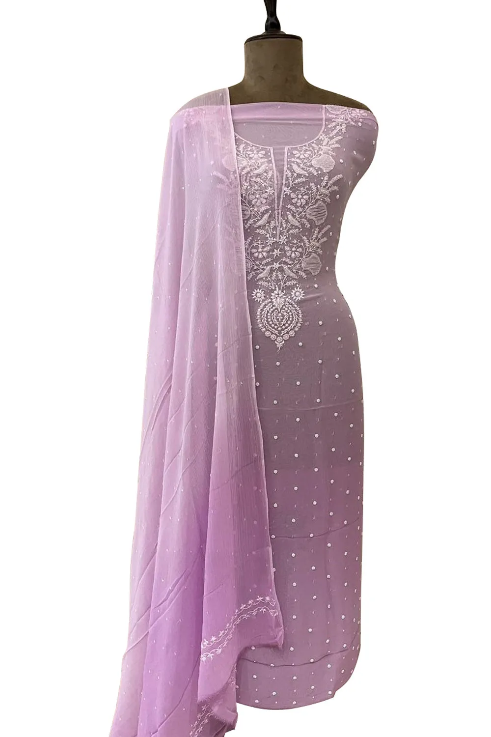Elegant Pink Chikankari Chiffon Suit Set: Sequins & Pearl Embroidery