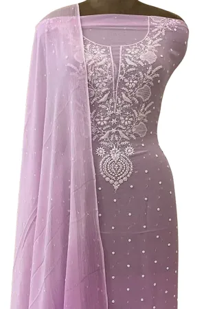 Elegant Pink Chikankari Chiffon Suit Set: Sequins & Pearl Embroidery