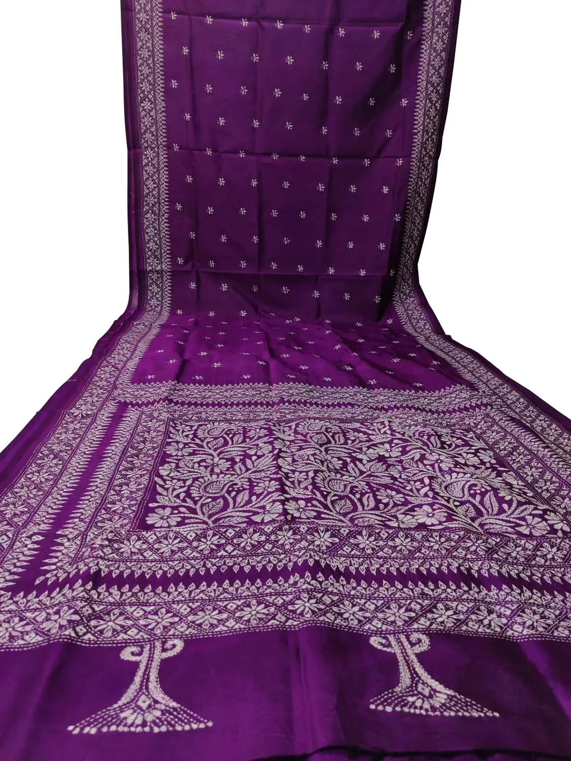Exquisite Purple Hand Embroidered Kantha Work Bangalore Silk Saree
