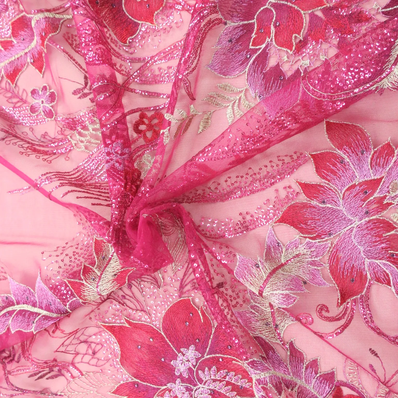 Fuchsia Floral with Swarovski Crystals Embroidered Tulle Fabric