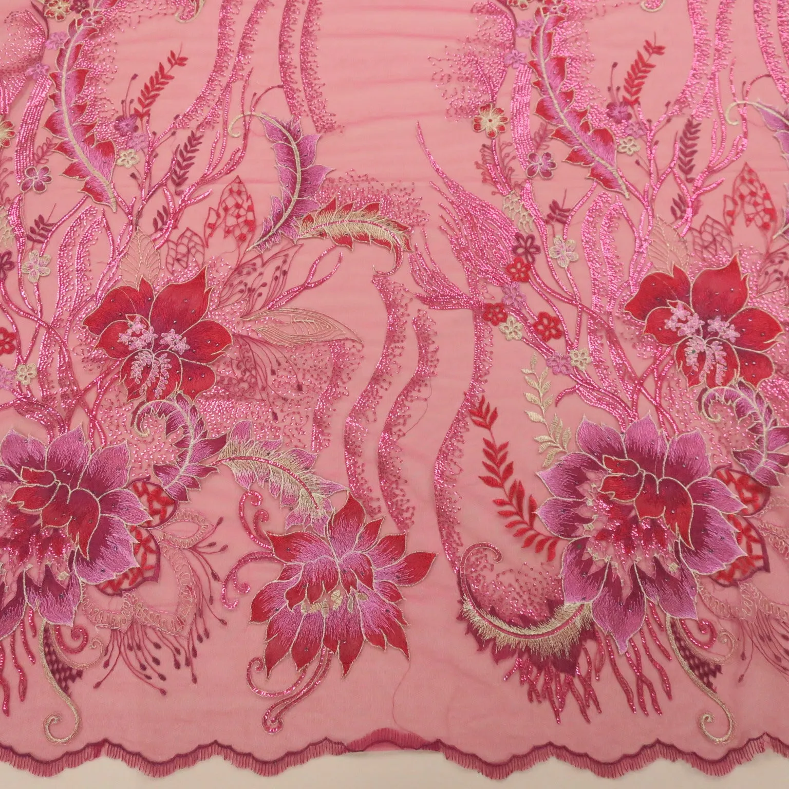 Fuchsia Floral with Swarovski Crystals Embroidered Tulle Fabric
