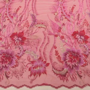 Fuchsia Floral with Swarovski Crystals Embroidered Tulle Fabric