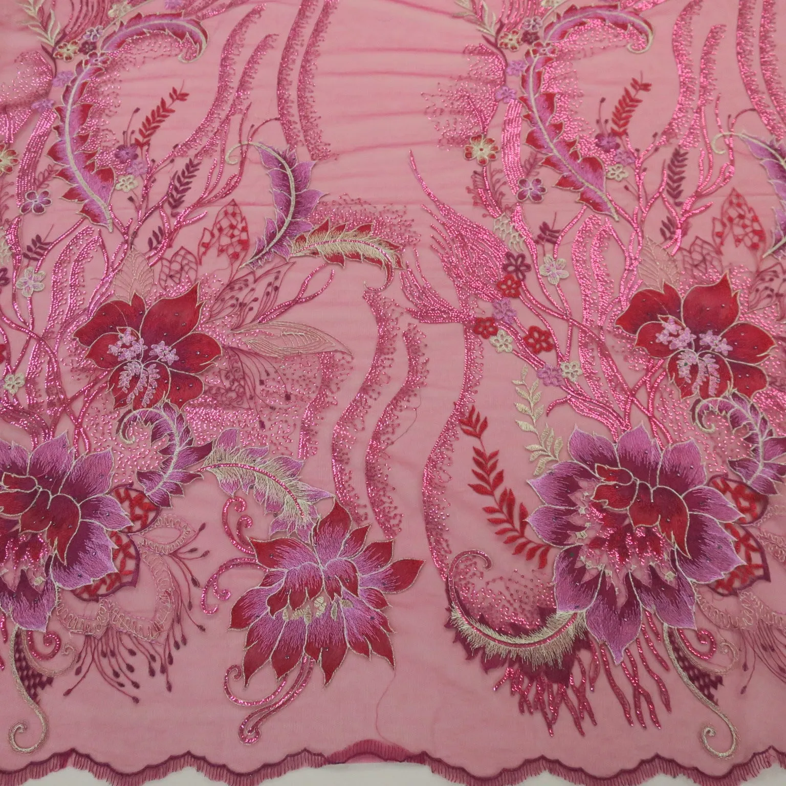 Fuchsia Floral with Swarovski Crystals Embroidered Tulle Fabric