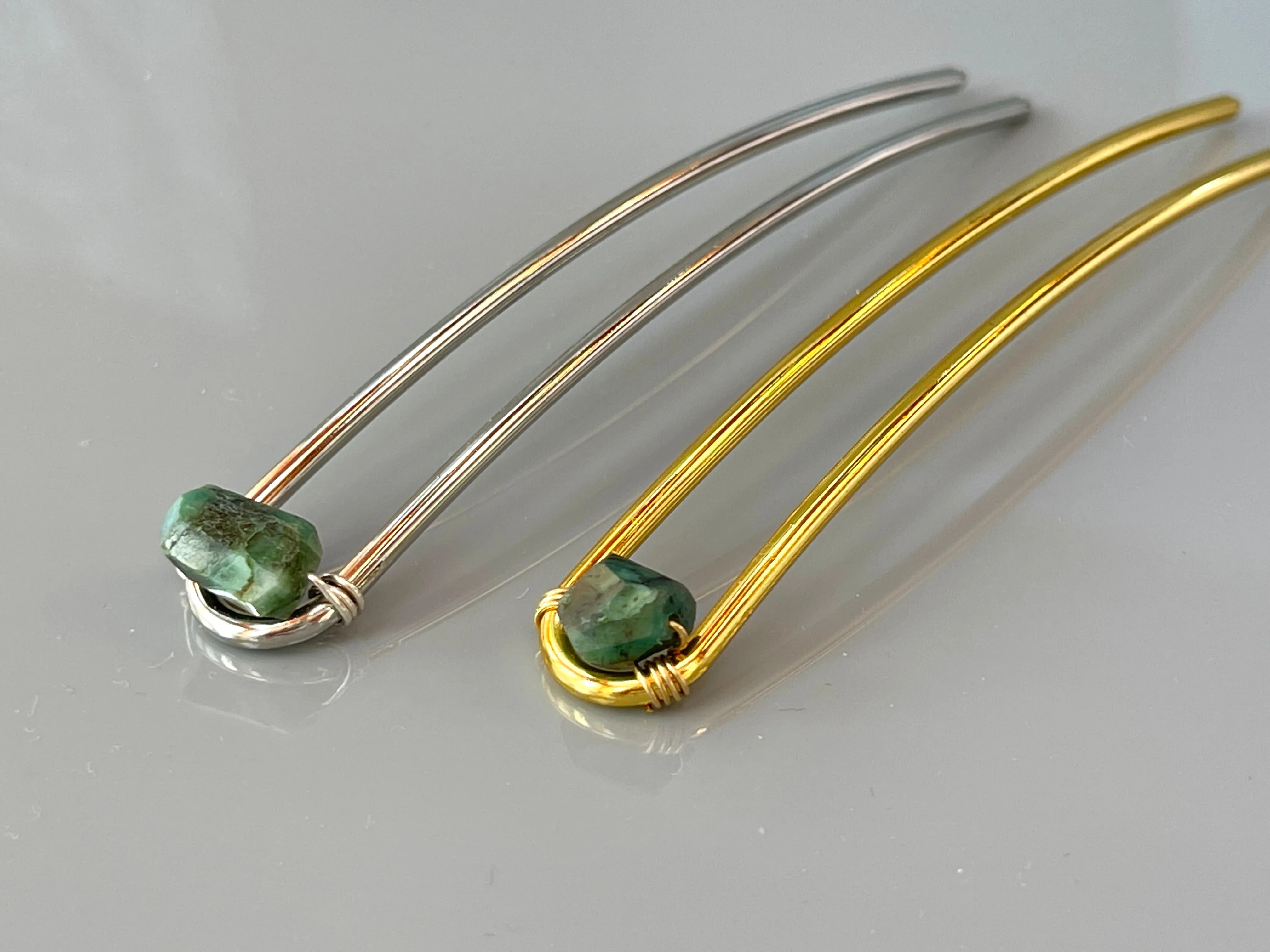 Genuine Emerald Gemstone Hair Pin, Luxury Hair Pin, Emerald Hair Fork, Silver Wedding hair stick