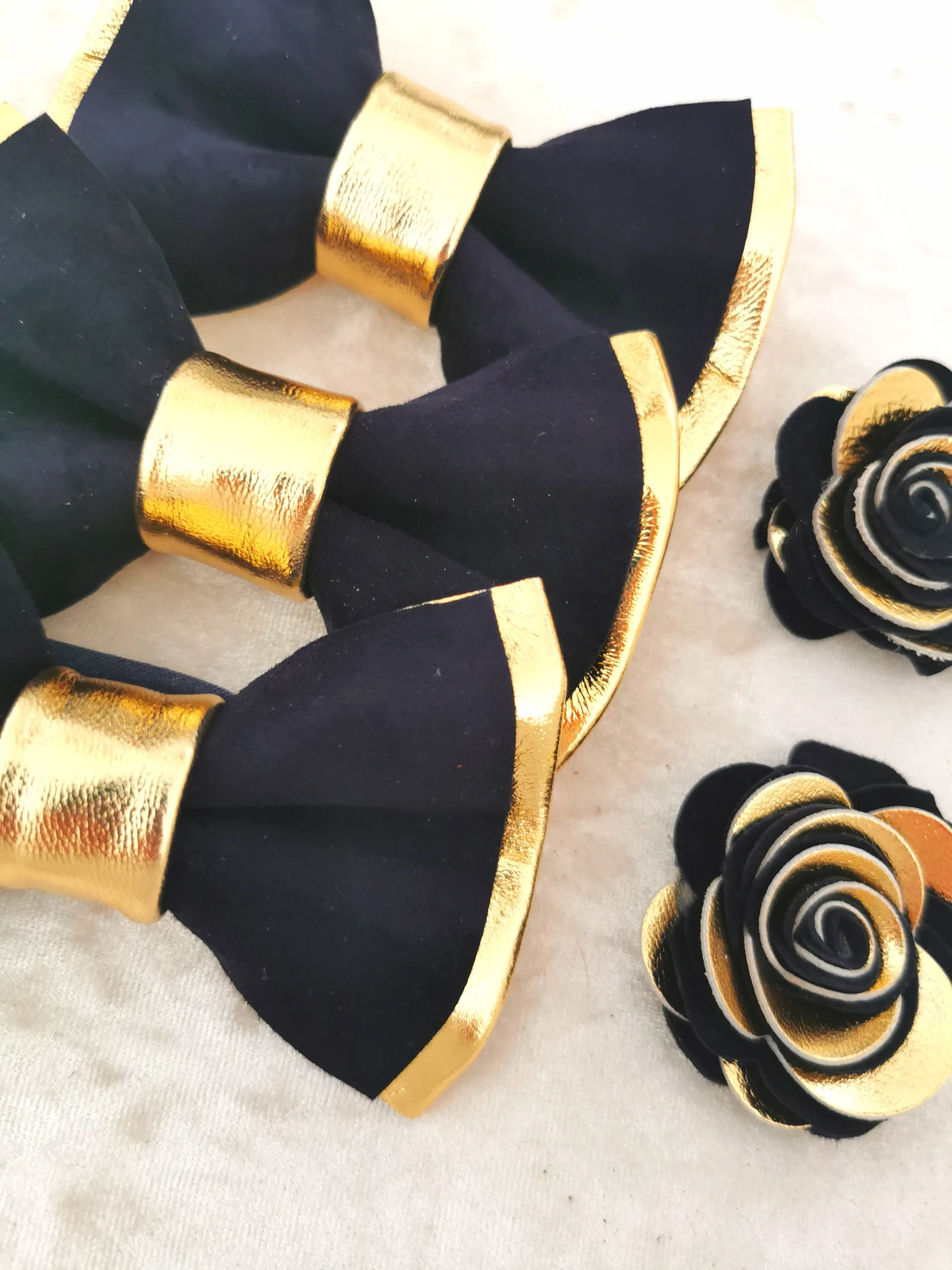Gold and navy leather bow tie set