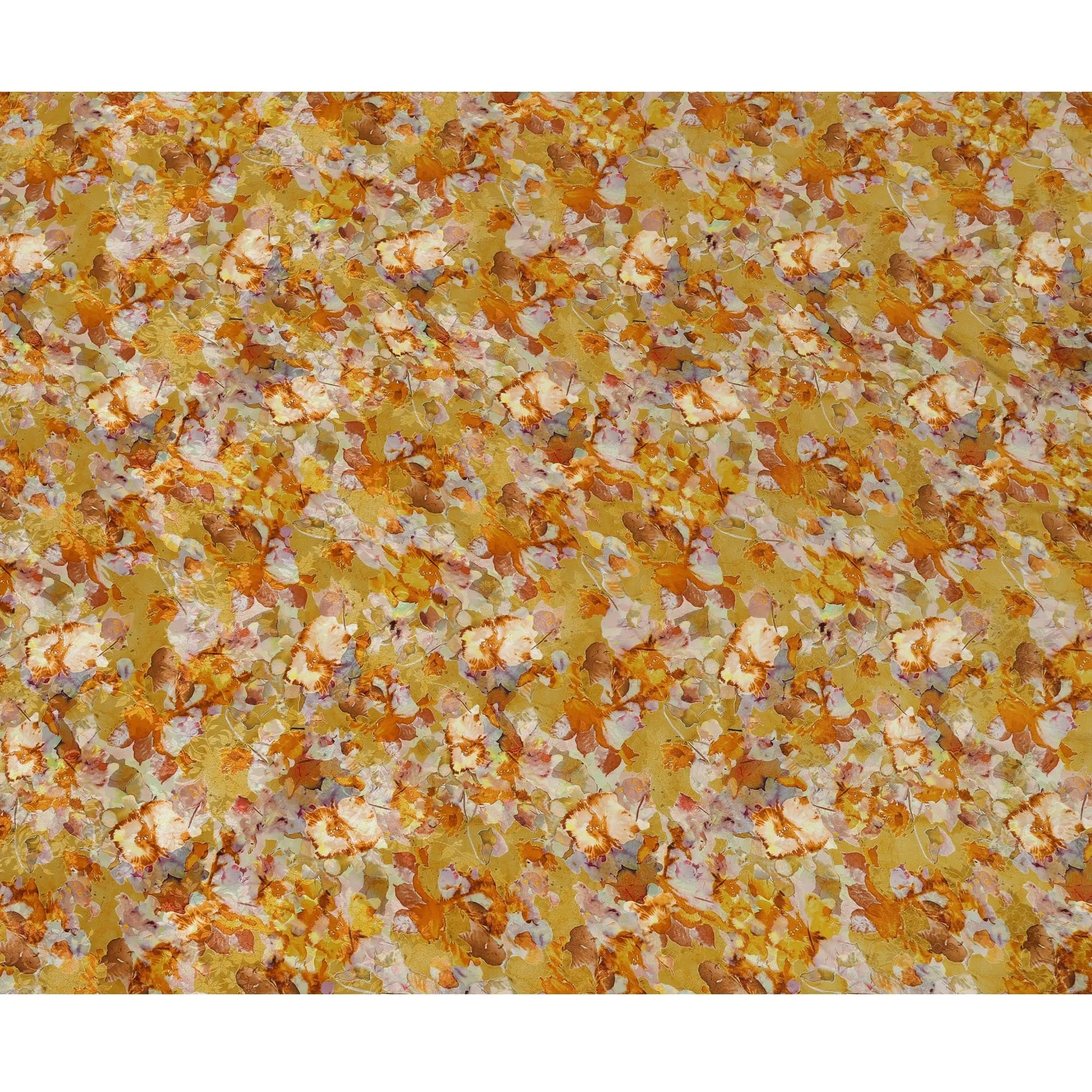 Golden Yellow Viscose Crepe Printed Fabric with Orange and White Floral Design, 110 cm Width-D20456