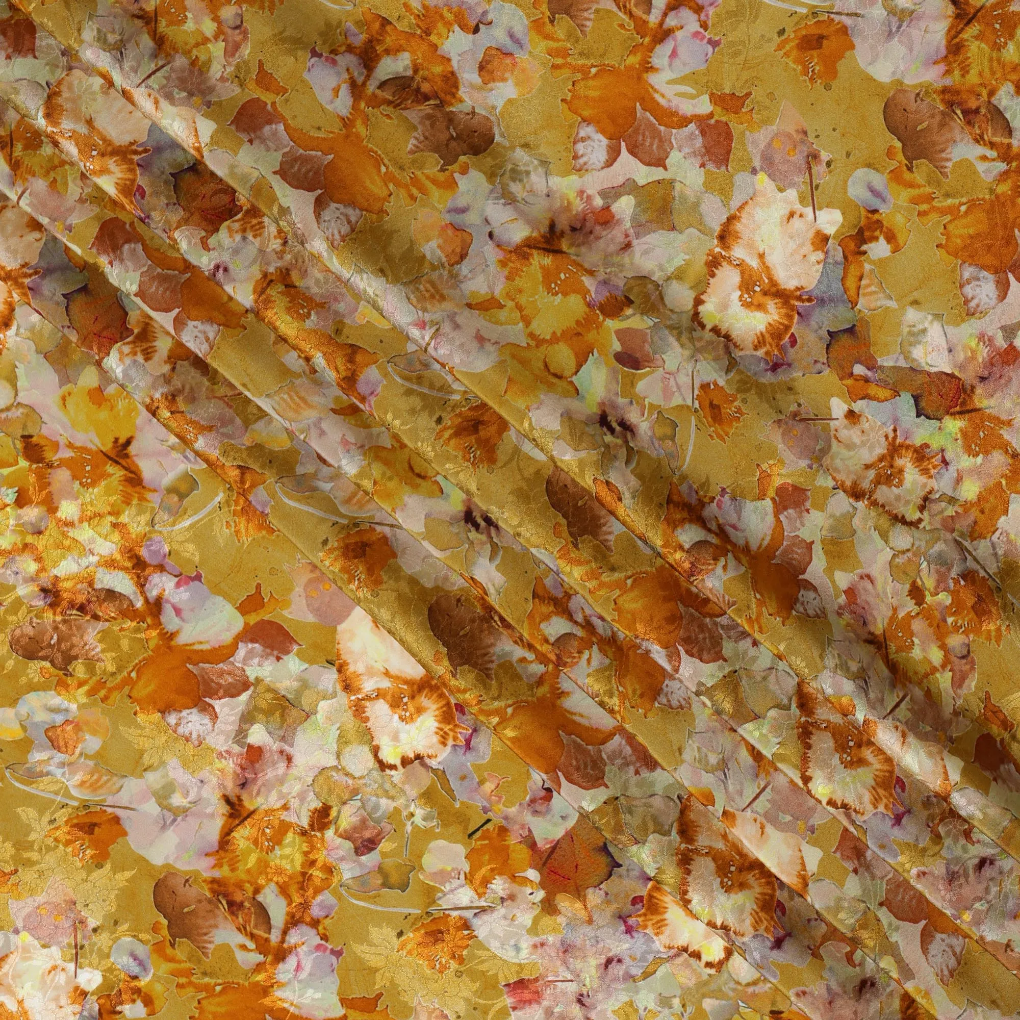 Golden Yellow Viscose Crepe Printed Fabric with Orange and White Floral Design, 110 cm Width-D20456