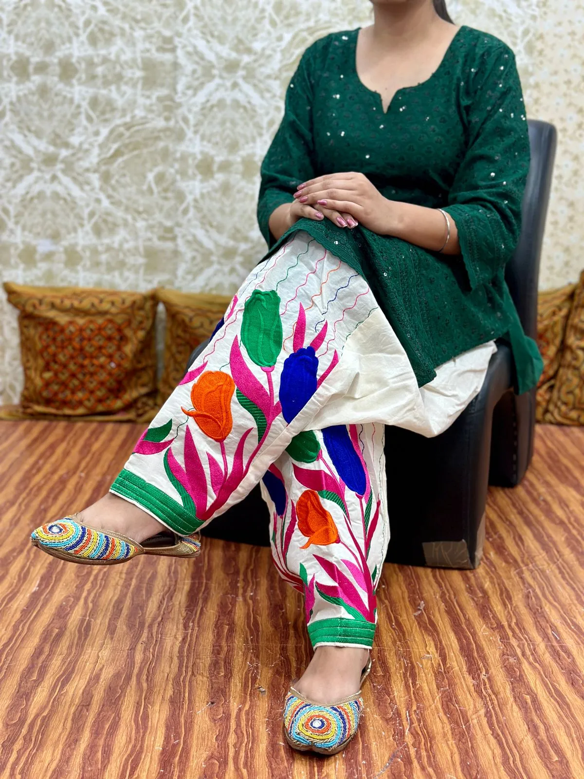 Green Design - 4  Elegant Patiala Salwar Set with Pure Cotton Chikankari Kurti