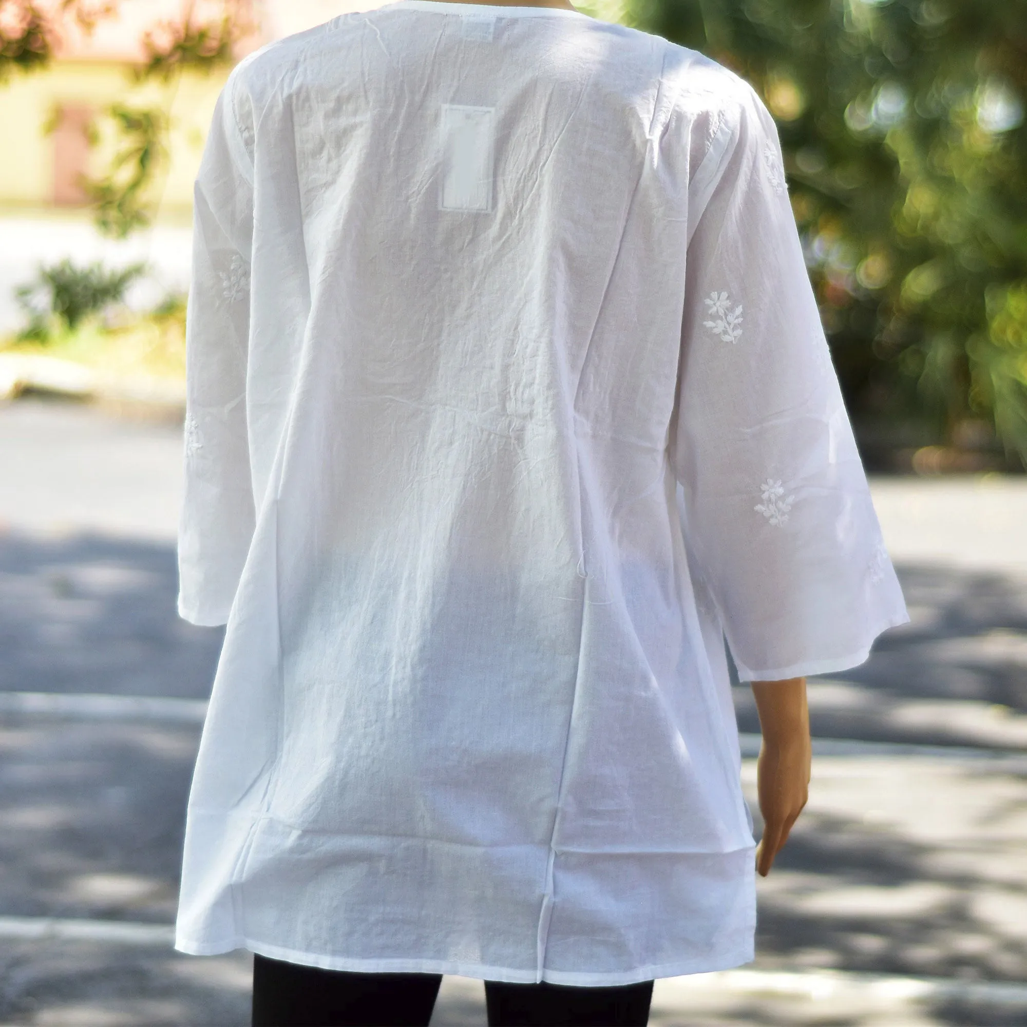 Hand Embroidered Ethnic India Pure White Cotton 3/4" Sleeve V-Neck Boho 70s Tunic Blouse