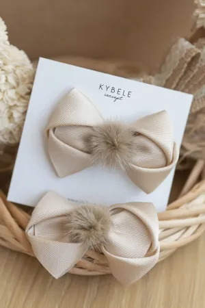 Handmade Beige Pompom Midi Bow Hair Clip One Piece
