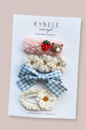 Handmade Teddies and Blue Gingham Clip Set of 4