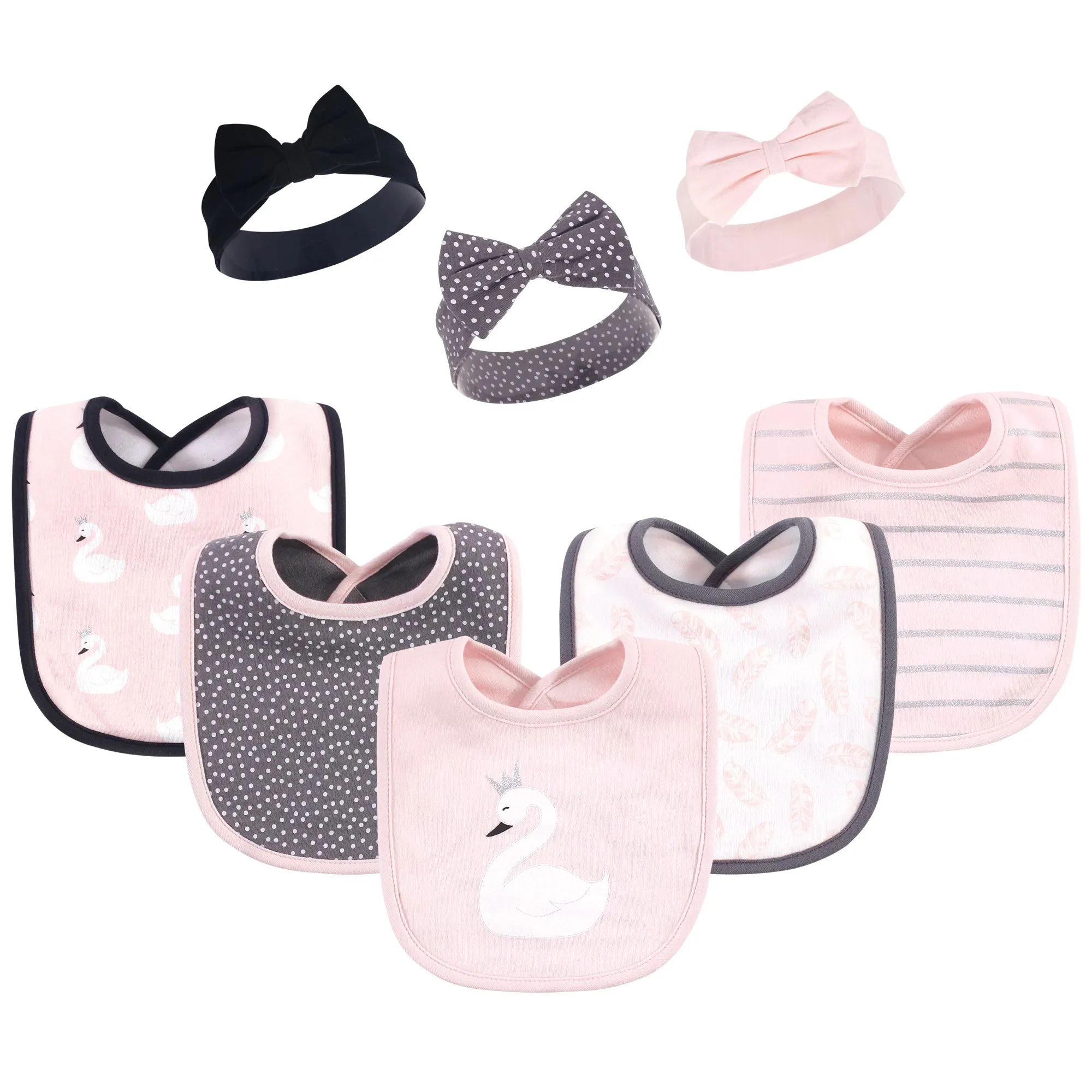 Hudson Baby Cotton Bib and Headband or Caps Set, Swan