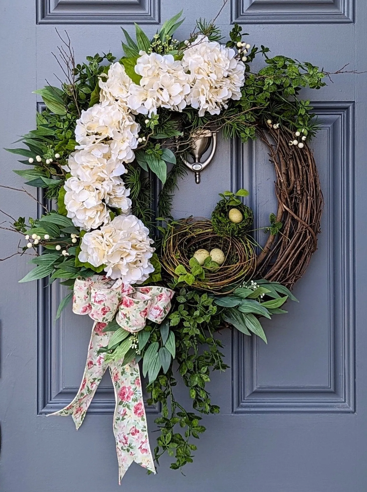 Ivory Hydrangea Bird's Nest Wreath for Front Door