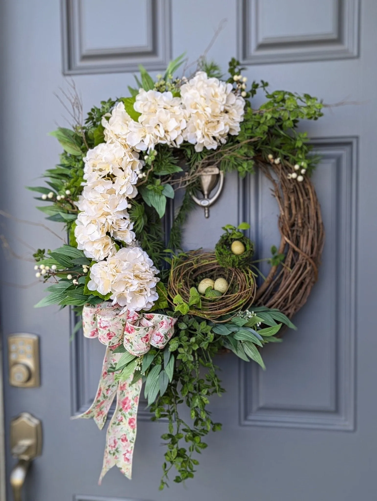 Ivory Hydrangea Bird's Nest Wreath for Front Door