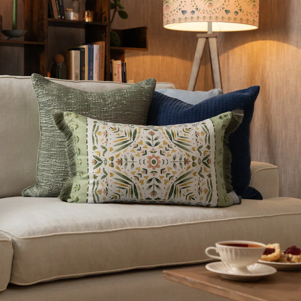 Kari Printed Ruche Fringe Cushion Sage