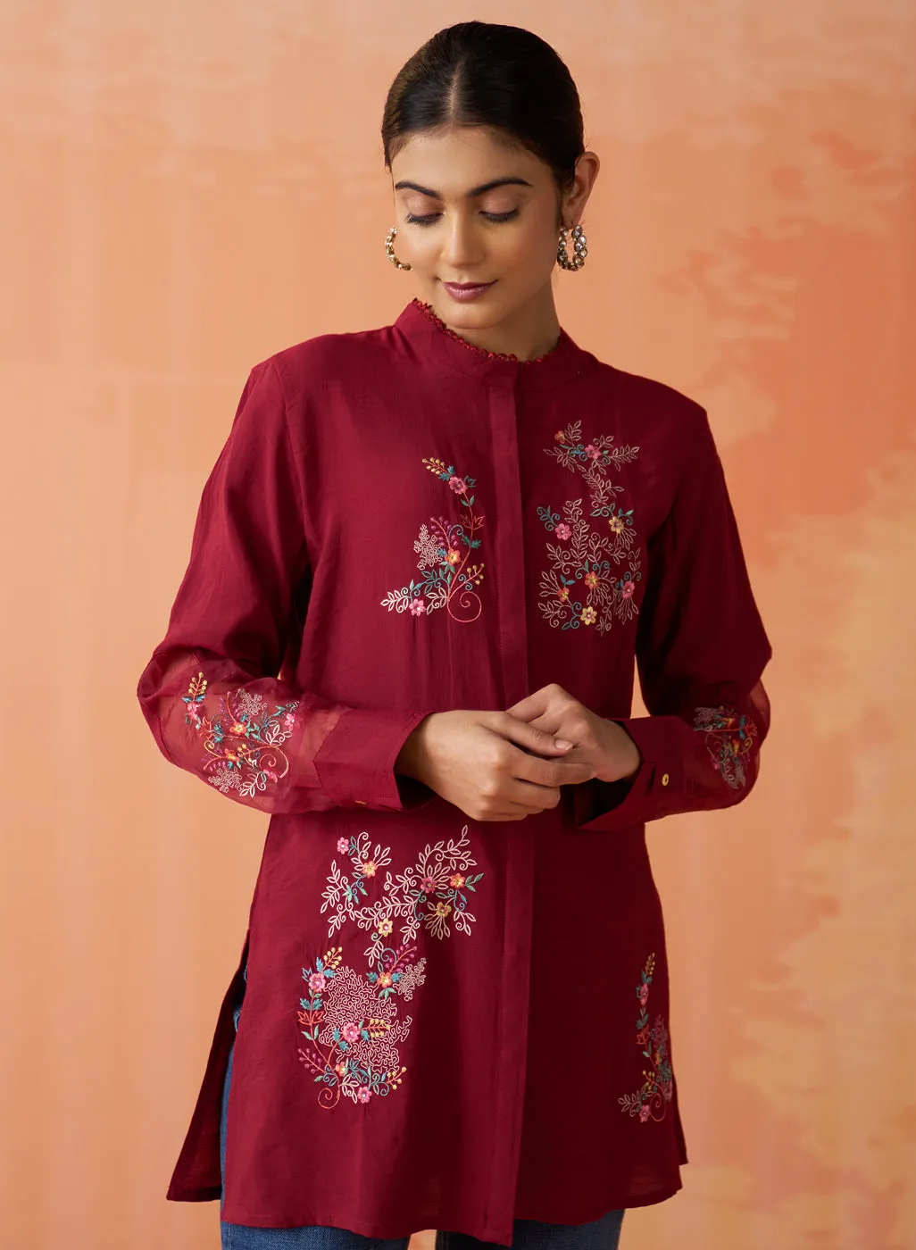 Kashni Maroon Embroidered Cotton Viscose Shirt for Women