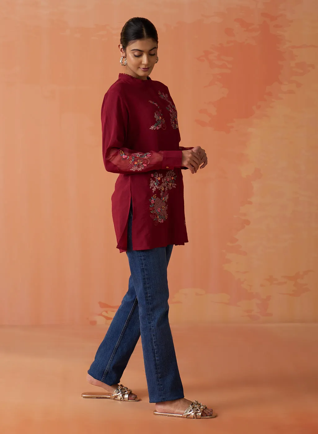 Kashni Maroon Embroidered Cotton Viscose Shirt for Women
