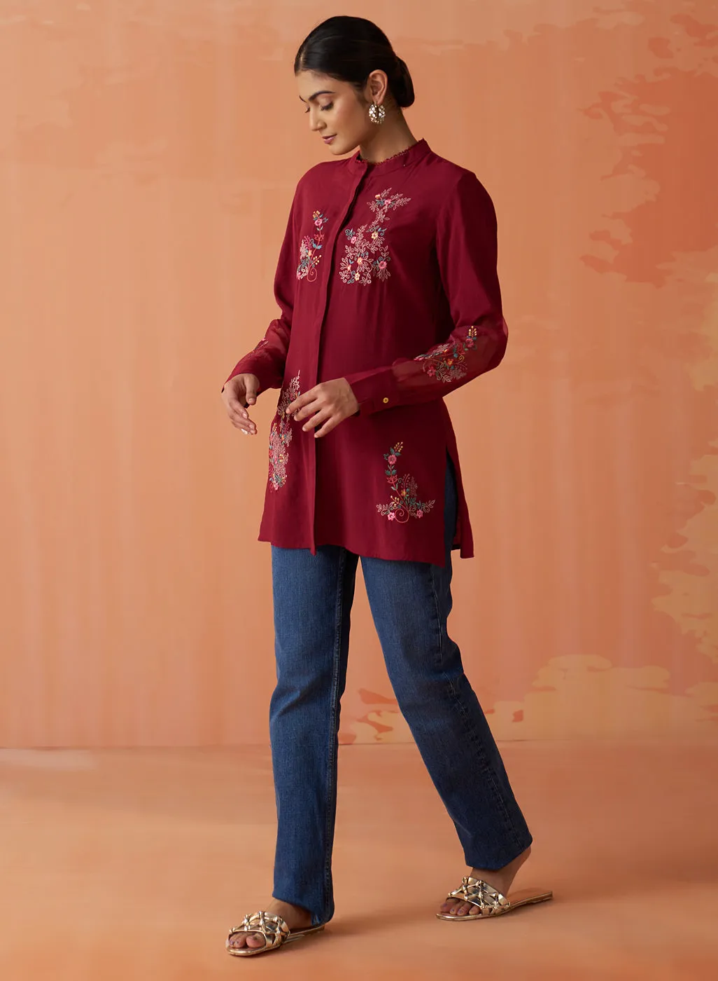Kashni Maroon Embroidered Cotton Viscose Shirt for Women